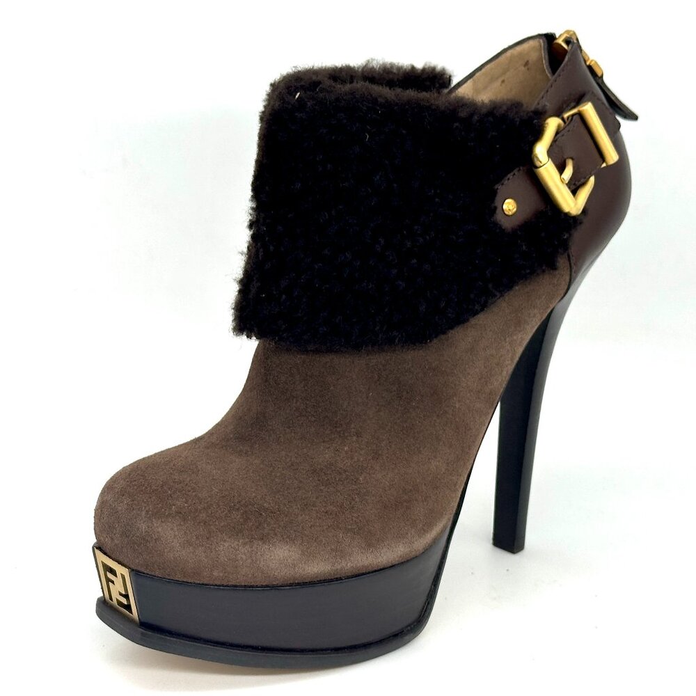FENDI Fendista Shearling Fur Suede Buckle Platform Ankle Bootie Heels Boots - Picture 6 of 16
